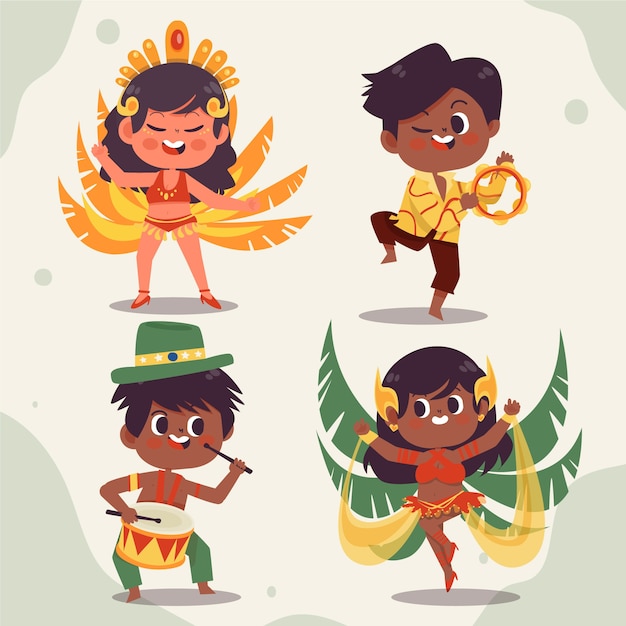 Коллекция плоских бразильских карнавальных персонажей