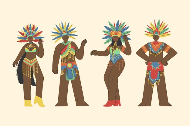 Бесплатное векторное изображение Коллекция плоских бразильских карнавальных персонажей