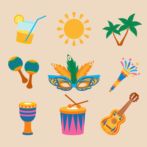 Free vector flat brazilian carnival elements collection