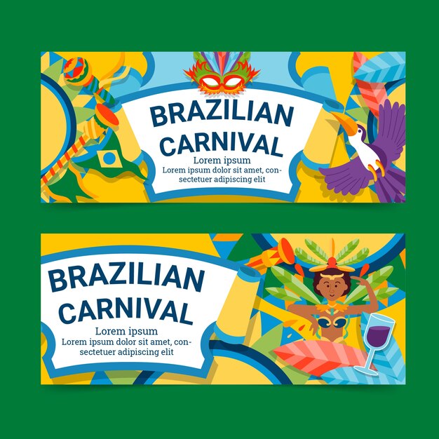 Flat brazilian carnival horizontal banners set