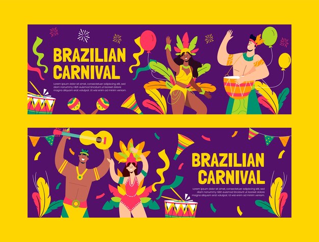 Flat brazilian carnival horizontal banners set