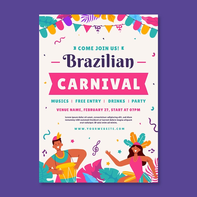 Flat brazilian carnival vertical flyer template