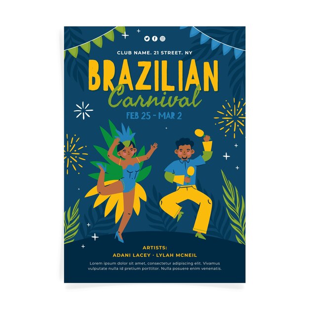 Flat brazilian carnival vertical poster template