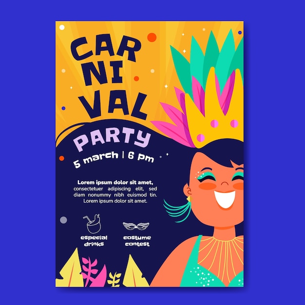 Плоский бразильский карнавал вертикальный шаблон плаката