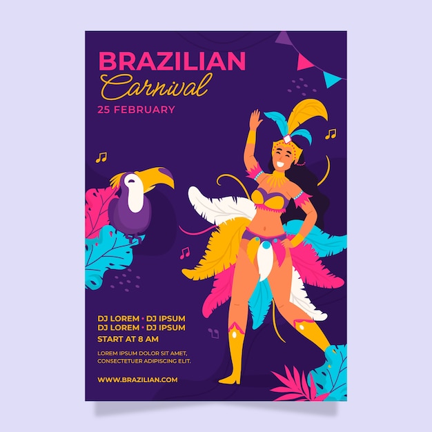 평면 브라질 카니발 수직 포스터 템플릿