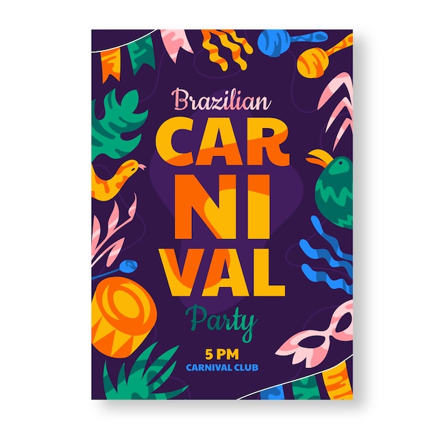 Vettore gratuito modello di poster verticale di carnevale brasiliano piatto