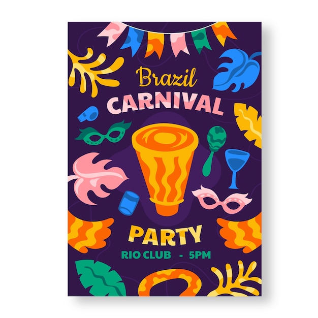 Плоский бразильский карнавал вертикальный шаблон плаката