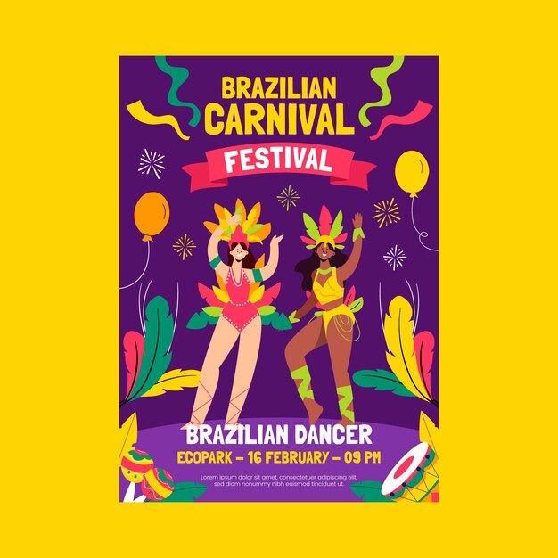 Flat brazilian carnival vertical poster template