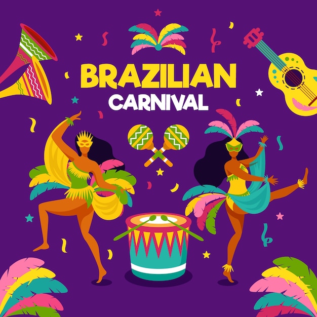 Flat brazilian carnival with dancers and music