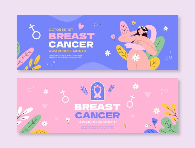 Flat breast cancer awareness month horizontal banners set