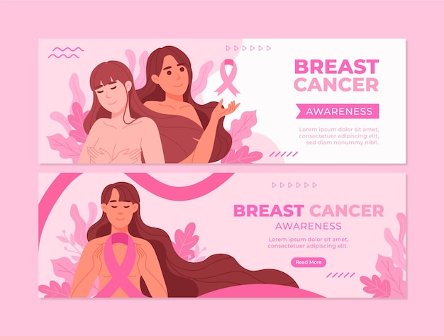 Flat breast cancer awareness month horizontal banners set