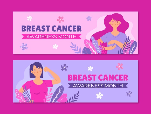 Flat breast cancer awareness month horizontal banners set