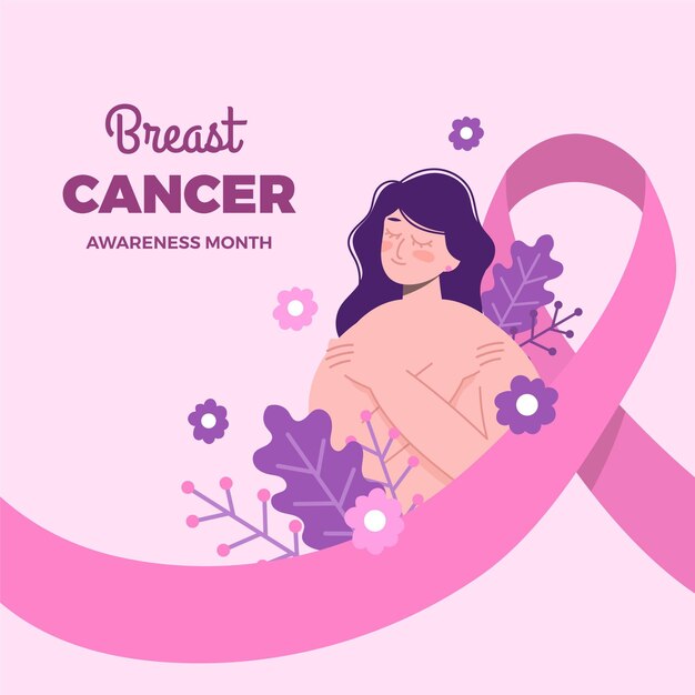 Vettore gratuito illustrazione del mese di consapevolezza del cancro al seno piatto