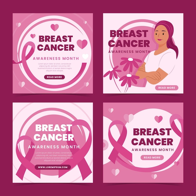 Free vector flat breast cancer awareness month instagram posts collection