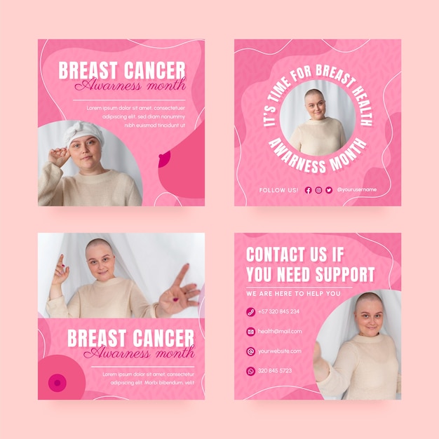 Free vector flat breast cancer awareness month instagram posts collection