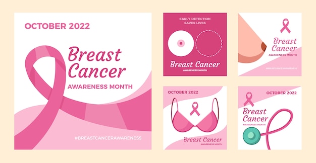 Free vector flat breast cancer awareness month instagram posts collection