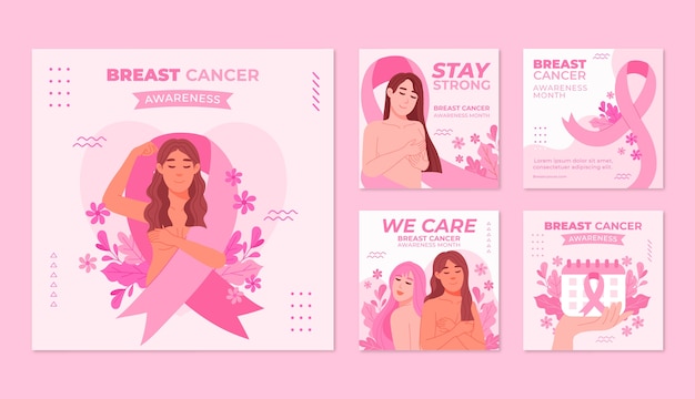 Vettore gratuito raccolta di post di instagram del mese di consapevolezza del cancro al seno piatto