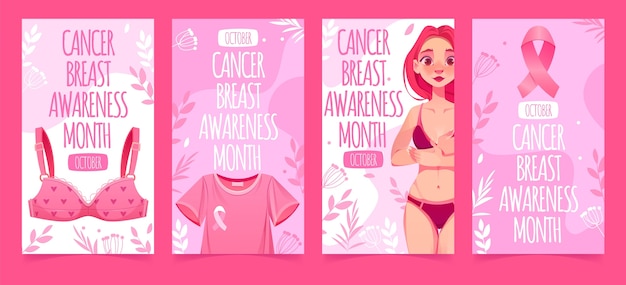 Free vector flat breast cancer awareness month instagram stories collection