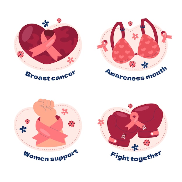 Free vector flat breast cancer awareness month labels collection