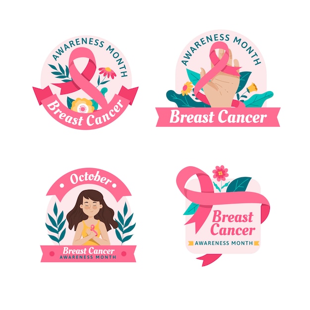 Free vector flat breast cancer awareness month labels collection