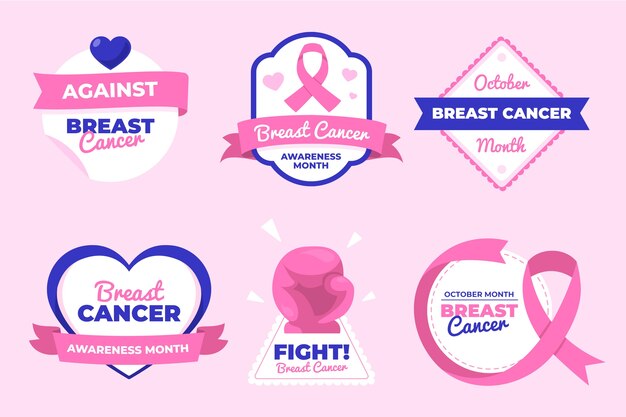 Flat breast cancer awareness month labels collection