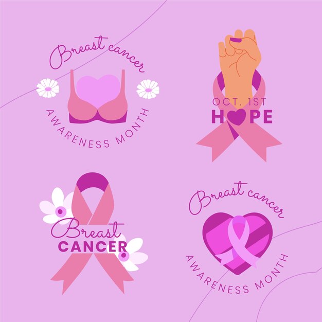 Flat breast cancer awareness month labels collection