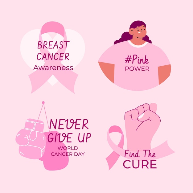 Flat breast cancer awareness month labels collection