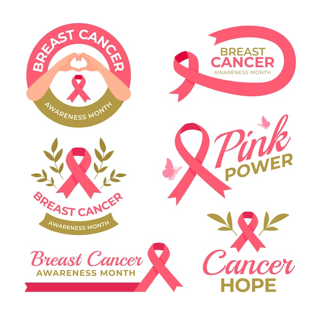 Flat breast cancer awareness month labels collection