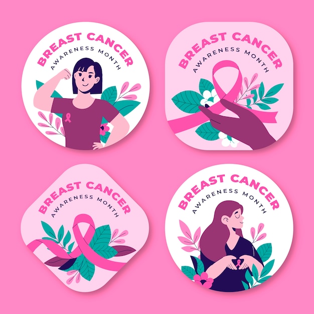 Flat breast cancer awareness month labels collection