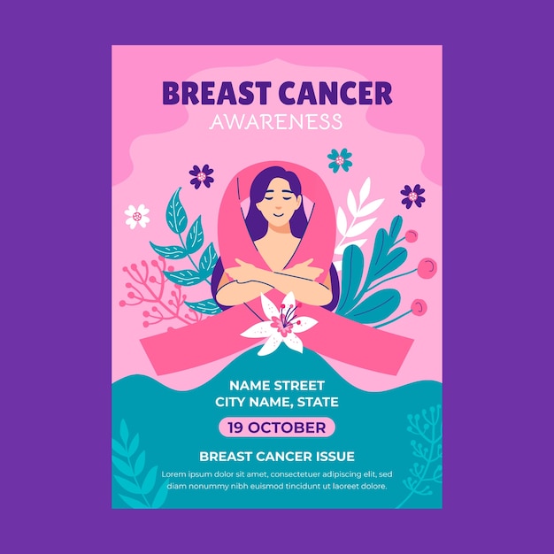 Flat breast cancer awareness month vertical poster template