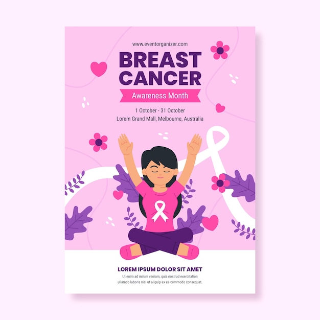 Flat breast cancer awareness month vertical poster template