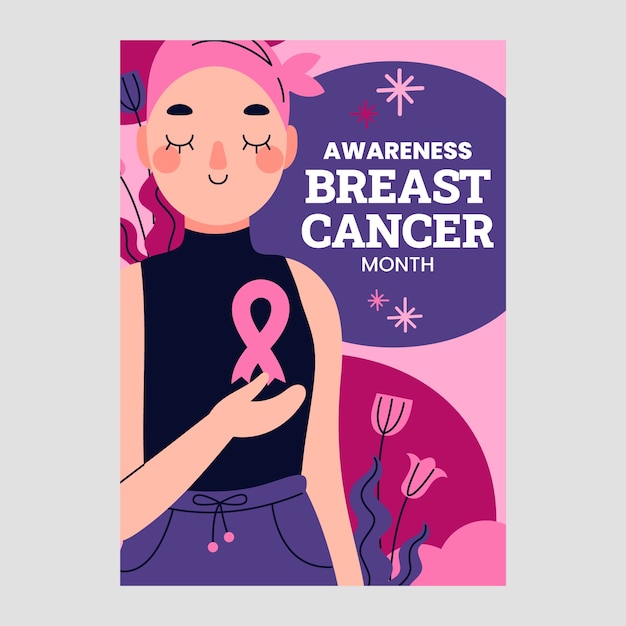 Free vector flat breast cancer awareness month vertical poster template