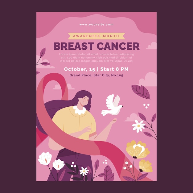 Free vector flat breast cancer awareness month vertical poster template