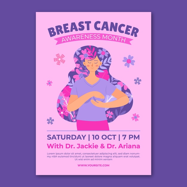 Free vector flat breast cancer awareness month vertical poster template