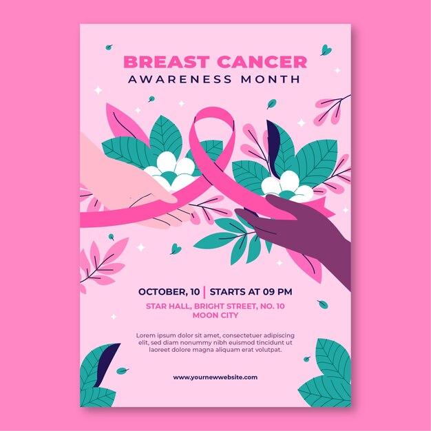 Шаблон вертикального плаката месяца осведомленности о раке молочной железы