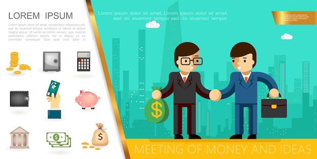 Flat business financial concept with businessmen shaking hands gold coins safe calculator hand holding payment card piggy bank money bag  illustration,