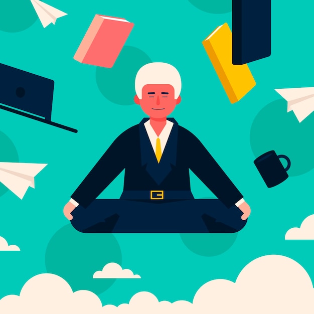 Flat business man meditating with books