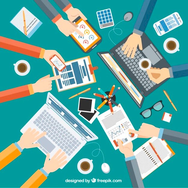 flat business team with documents and laptops