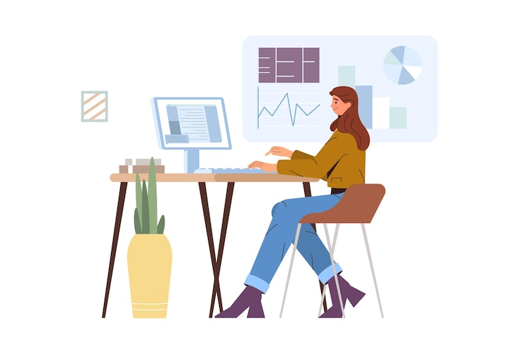 Free Vector flat business young woman working at office desk. worker sitting at the table with computer and analyzing statistical information, charts and graphs. digital data analysis and statistical concept.