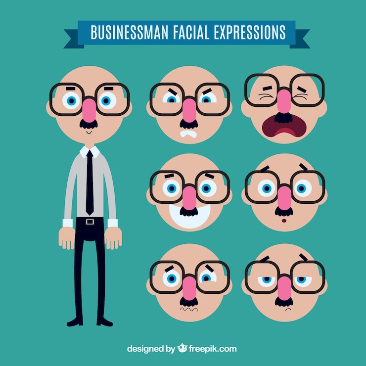 Free Vector flat businessman character with six fantastic facial expressions