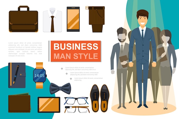 Плоская композиция в стиле бизнесмена с деловыми людьми, портфель, рубашка, галстук, брюки, телефон, планшет, блокнот, наручные часы, кошелек, обувь, очки, иллюстрация,