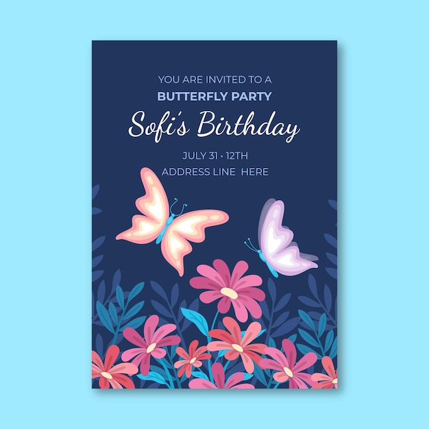 Flat butterfly birthday invitation template