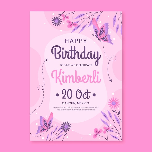 Free vector flat butterfly birthday invitation template