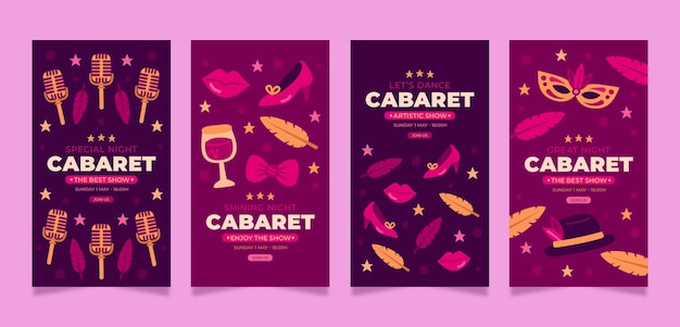 Vettore gratuito collezione di storie di instagram di cabaret piatto