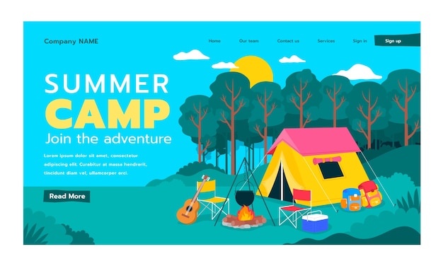 Free vector flat camp landing page template for summer season