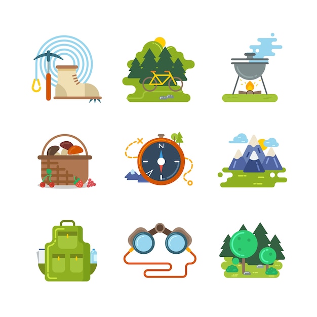 Free vector flat camping outdoor vector icons. travel activity, equipment and adventure illustration