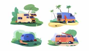 Free vector flat camping trailer cars vintage camper vans