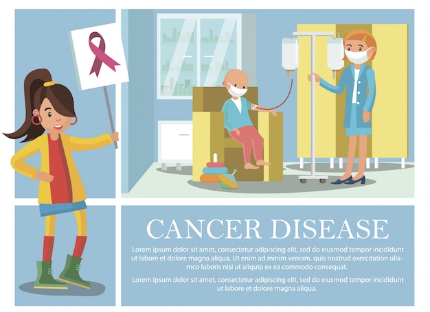 Бесплатное векторное изображение Плоская композиция рака с ребенком, получающим лечение онкологического заболевания, и молодой женщиной, держащей знак с розовой лентой
