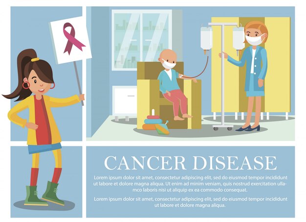 종양학 질병 치료를받는 아이와 핑크 리본 기호를 들고 젊은 여자와 플랫 암 질환 구성