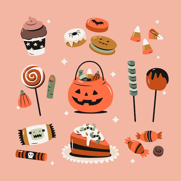ハロウィーンのお祝いのためのフラット キャンディー要素コレクション
